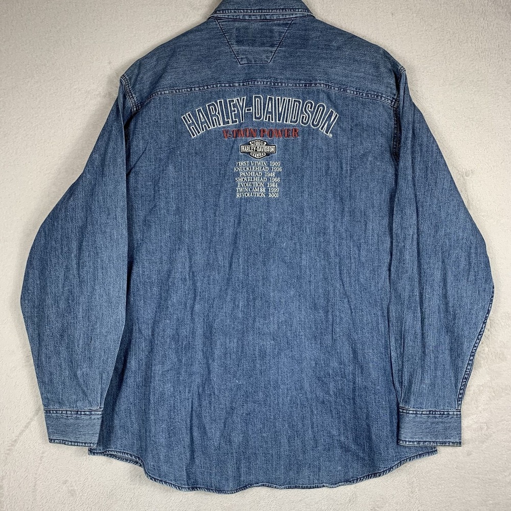Vintage Harley Davidson Shirt Mens XL Denim Long Sleeve Button Up V-Twin Biker